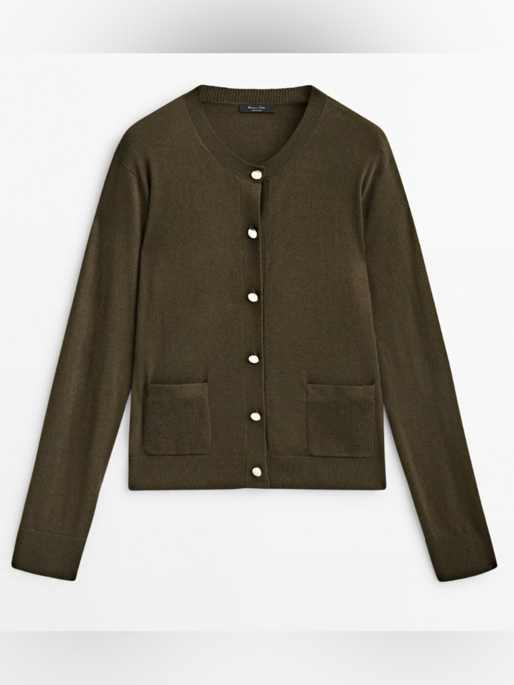 NWT Massimo Dutti Olive Green Knit Crewneck Cardigan Sweater Gold Buttons Size S